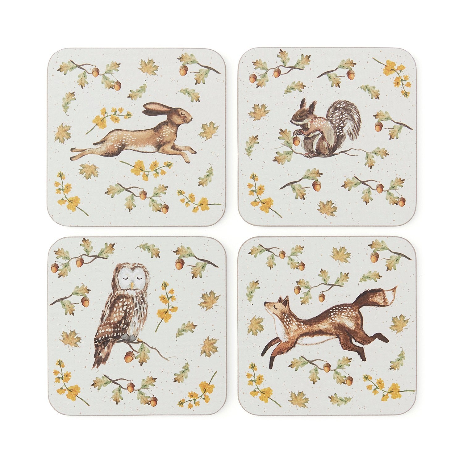 Cartco set of 4 square coasters featuring watercolor illustrations of a hare, squirrel, owl, and fox with oak leaves.