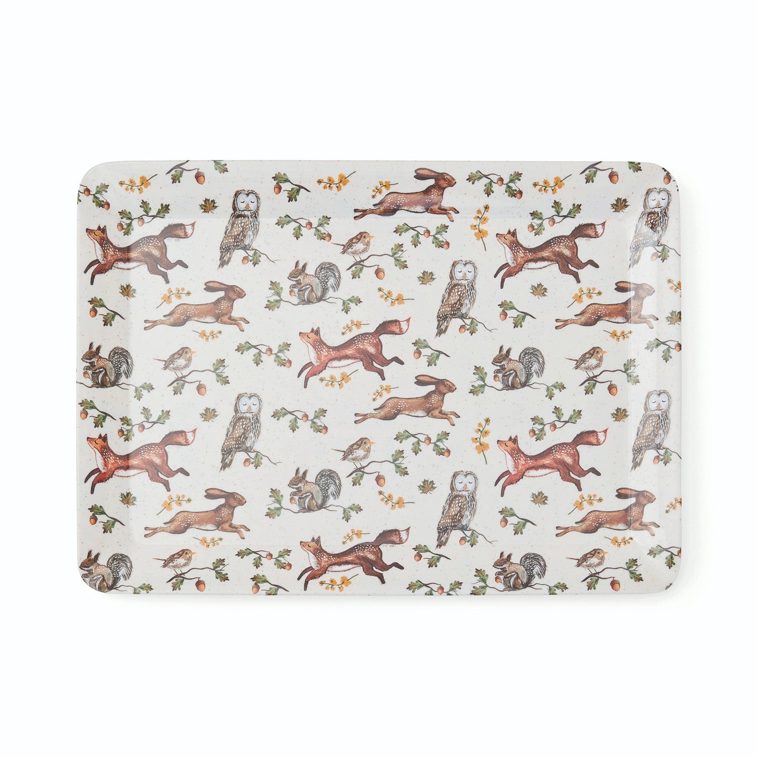 Cartco Cooksmart Forest Fable large rectangular serving tray with woodland animal print of foxes, hares, and owls.