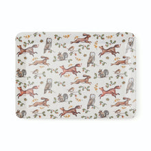 Cartco Cooksmart Forest Fable large rectangular serving tray with woodland animal print of foxes, hares, and owls.