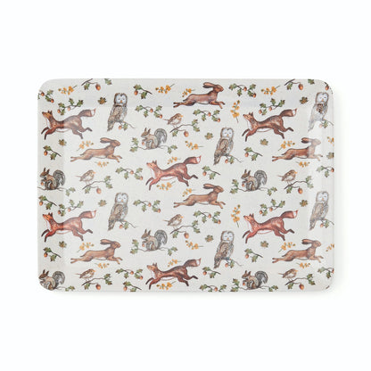 Cartco Cooksmart Forest Fable large rectangular serving tray with woodland animal print of foxes, hares, and owls.