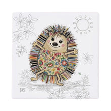 Cartco Bug Art Hattie Hedgehog ceramic coaster featuring a colorful floral hedgehog illustration on a white background