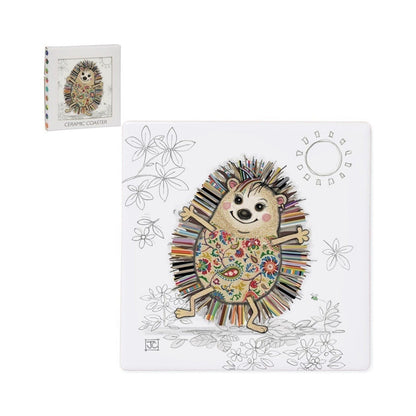 Cartco Bug Art Hattie Hedgehog square ceramic coaster with a colourful floral illustration and cork backing.