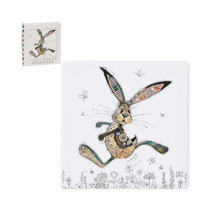 Cartco Bug Art Hesper Hare square ceramic coaster with a colourful illustrated hare and cork backing.