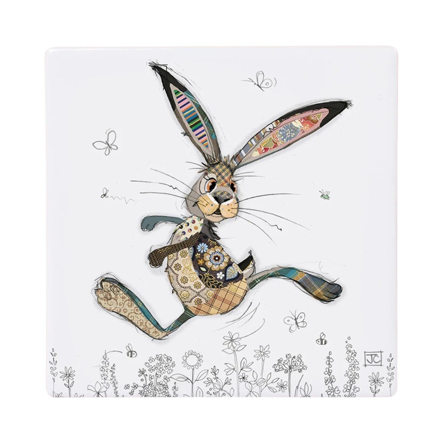 Cartco ceramic coaster featuring a colourful Hesper Hare illustration with a cork backing for surface protection.