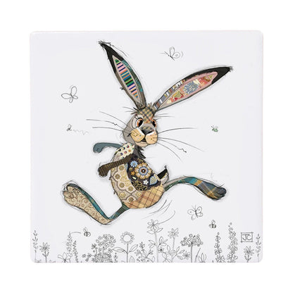 Cartco ceramic coaster featuring a colourful Hesper Hare illustration with a cork backing for surface protection.