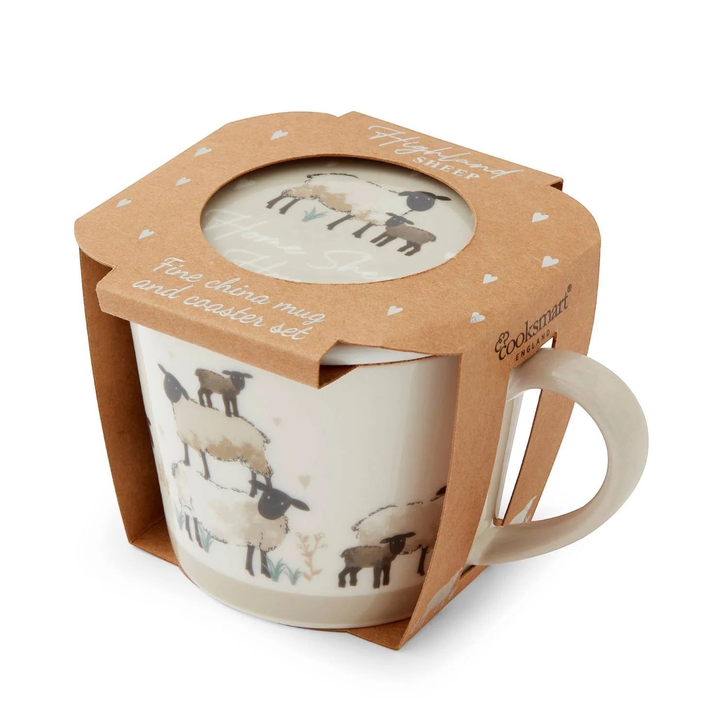 Cartco Cooksmart Highland Sheep bone china mug and matching coaster set with charming countryside sheep design