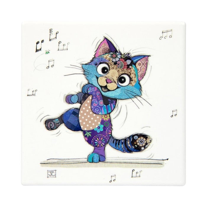Cartco Bug Art Keira Kitten ceramic coaster featuring a colorful patterned cat illustration with musical notes.