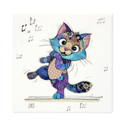Cartco Bug Art Keira Kitten ceramic coaster featuring a colorful patterned cat illustration with musical notes.
