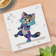 Cartco Bug Art Keira Kitten square ceramic coaster with a colourful patterned cat illustration and cork backing.