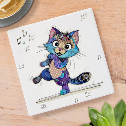 Cartco Bug Art Keira Kitten square ceramic coaster with a colourful patterned cat illustration and cork backing.