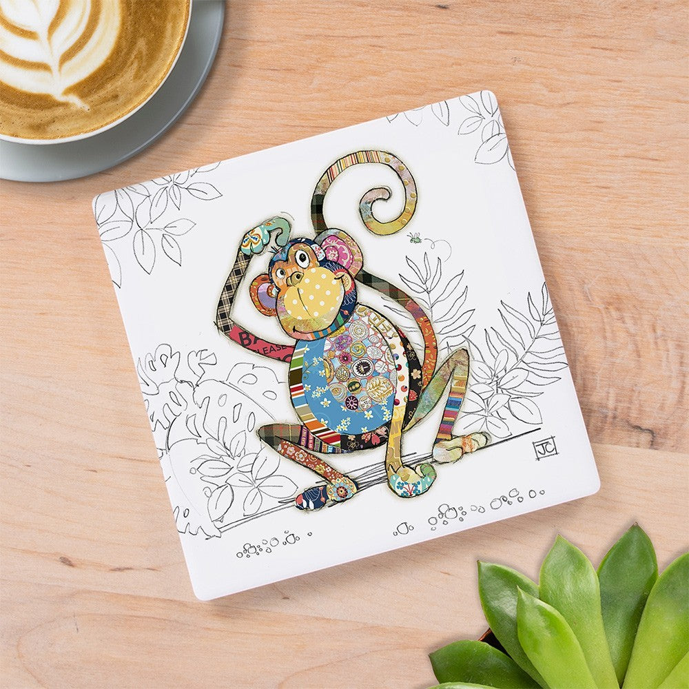 Cartco Bug Art Monty Monkey ceramic coaster with colourful patterned monkey illustration and cork backing.