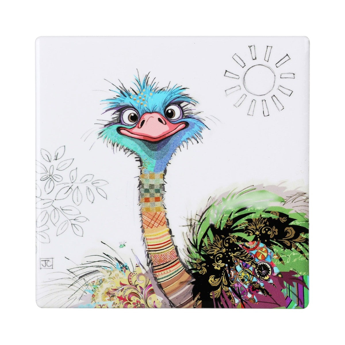 Cartco Bug Art Oscar Ostrich ceramic coaster with a colourful, whimsical ostrich illustration and cork backing.