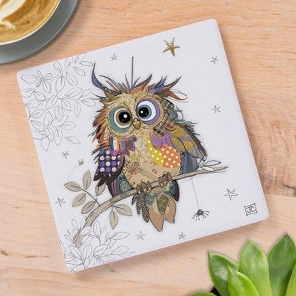 Cartco Bug Art Otto Owl ceramic coaster with a colourful, detailed owl illustration on a white square background.