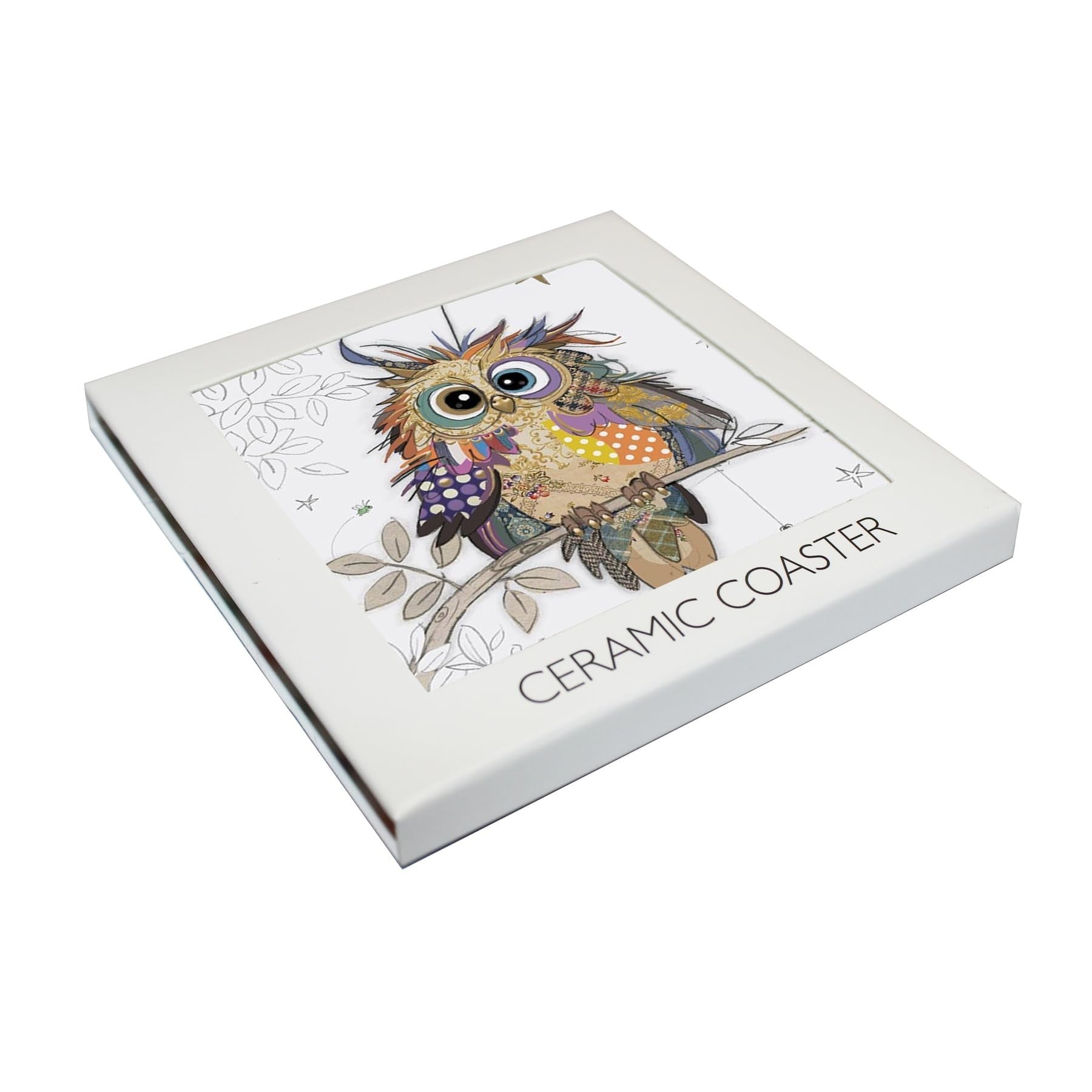 Cartco Bug Art Otto Owl ceramic coaster in white gift box featuring a colourful patterned owl illustration
