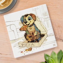 Cartco Bug Art Pedro Pup square ceramic coaster featuring a cute illustrated dog eating pizza with a cork backing.