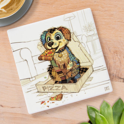 Cartco Bug Art Pedro Pup square ceramic coaster featuring a cute illustrated dog eating pizza with a cork backing.
