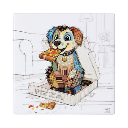 Cartco Bug Art Pedro Pup ceramic coaster featuring a colourful patchwork puppy illustration inside a pizza box.