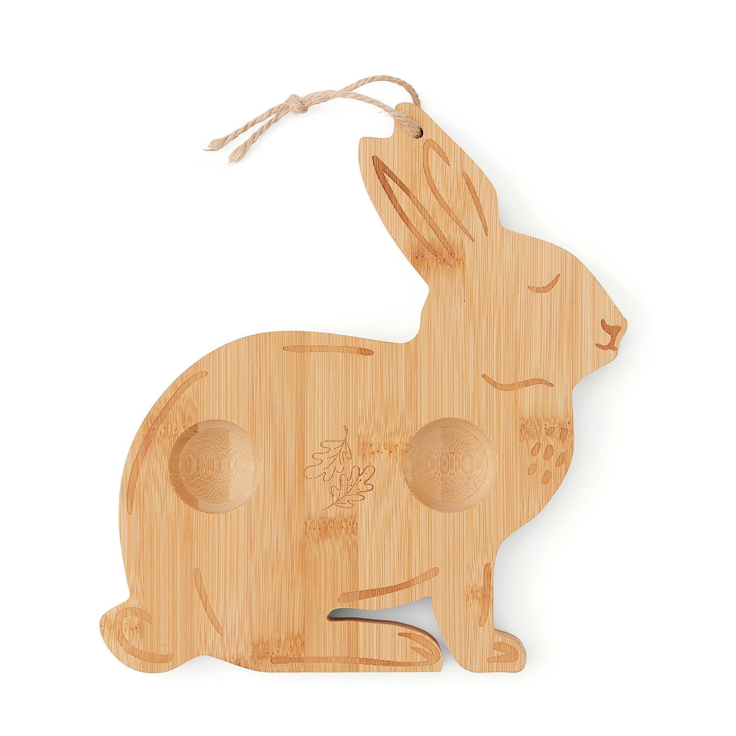 Cooksmart Forest Fable rabbit-shaped bamboo breakfast board with two egg holders and twine hanging loop
