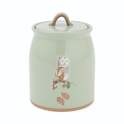 Cartco Cooksmart Forest Fable sage green ceramic canister with owl and oak branch design and loop handle lid