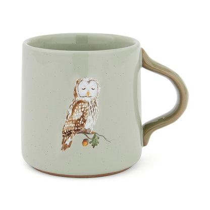 Cartco Cooksmart sage green ceramic mug featuring a peaceful owl illustration on an oak branch with a curved handle.