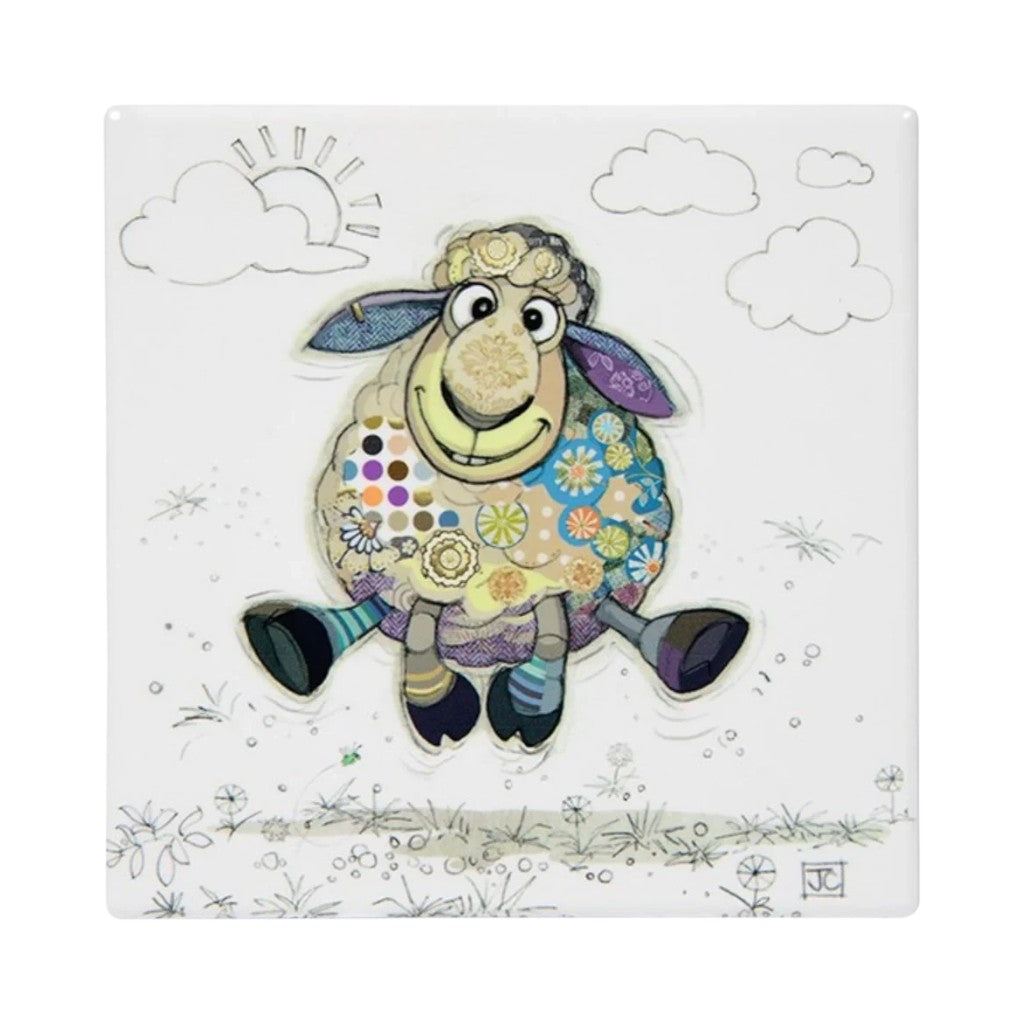 Cartco Bug Art Sasha Sheep ceramic coaster featuring a whimsical illustrated sheep with floral patterns on white