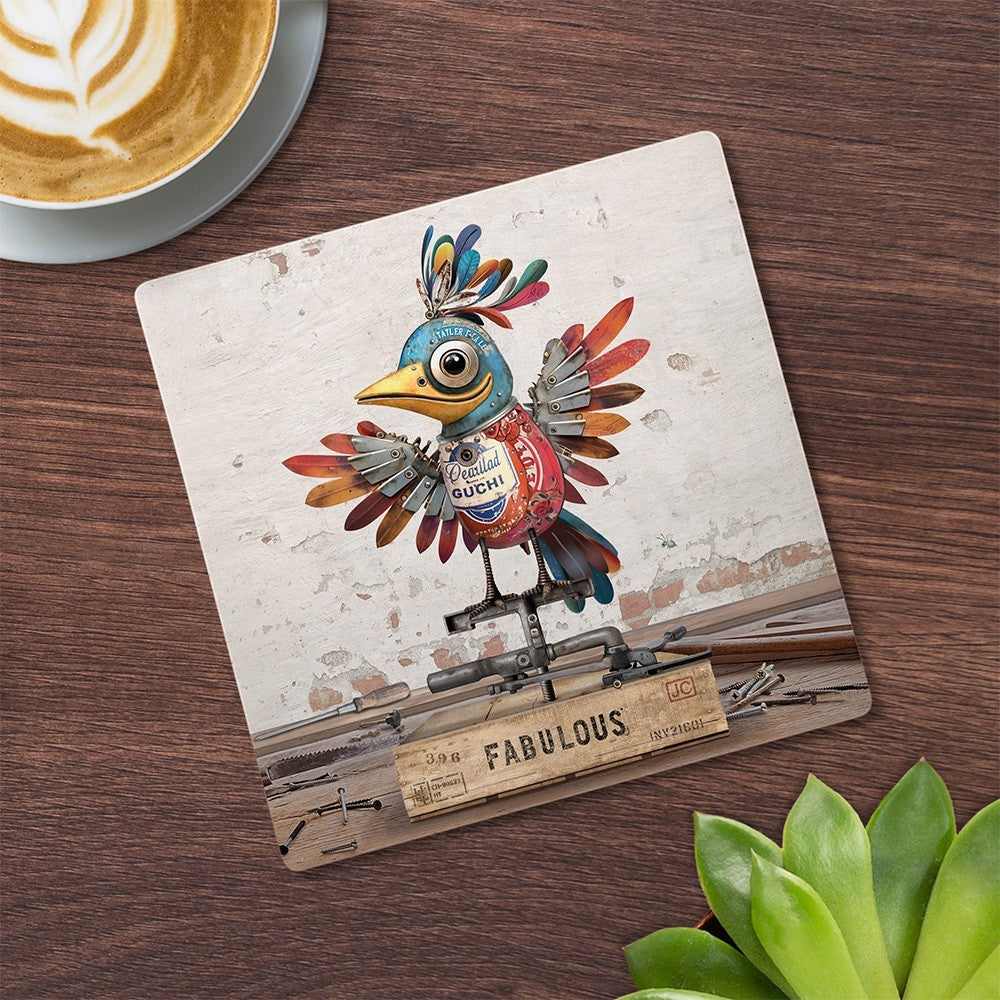 Cartco Bug Art Scrap Bird ceramic coaster with a patchwork bird illustration and cork backing on a wooden table.
