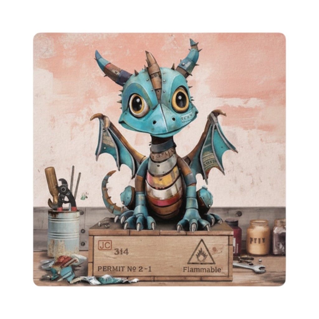 Cartco ceramic coaster featuring a colourful patchwork dragon illustration on a wooden crate with cork backing.