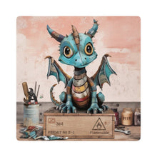 Cartco ceramic coaster featuring a colourful patchwork dragon illustration on a wooden crate with cork backing.