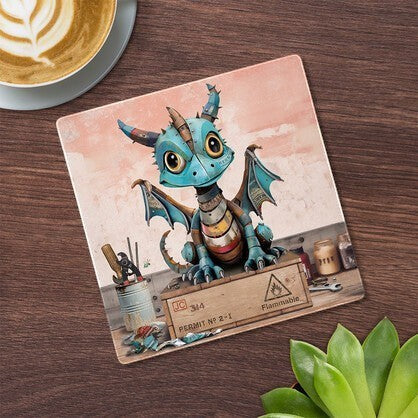 Cartco ceramic coaster featuring a blue patchwork Scrap Dragon illustration with cork backing on a wooden table.