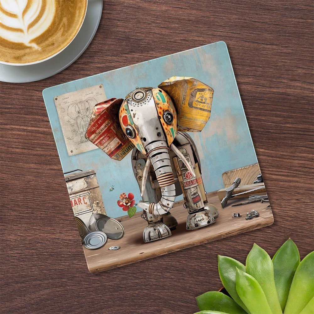 Cartco ceramic coaster featuring a colourful patchwork scrap elephant illustration with a protective cork backing.