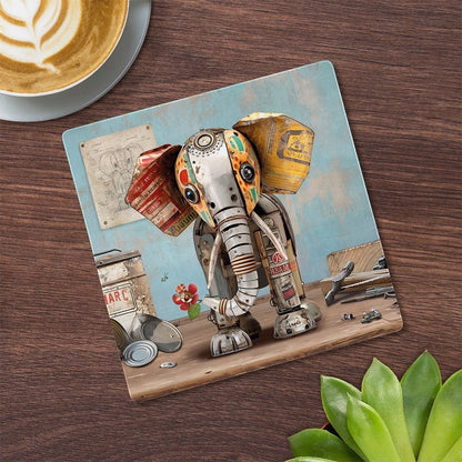 Cartco ceramic coaster featuring a colourful patchwork scrap elephant illustration with a protective cork backing.