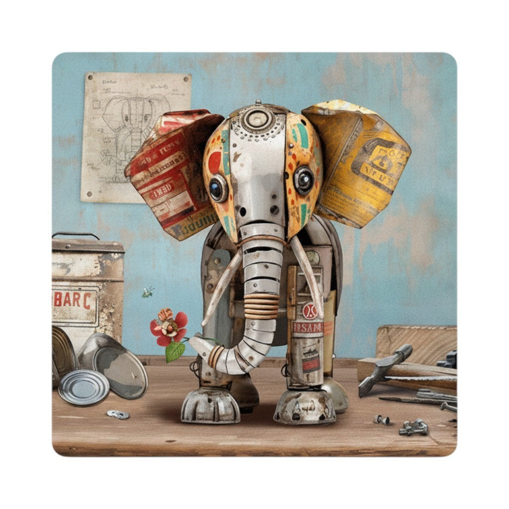 Cartco ceramic coaster featuring a colourful patchwork elephant illustration with a cork backing.