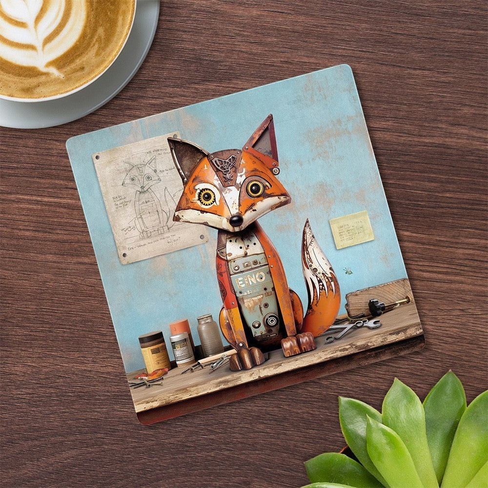 Cartco Bug Art Scrap Fox ceramic coaster with patchwork fox illustration, cork backing, on a wooden table surface.