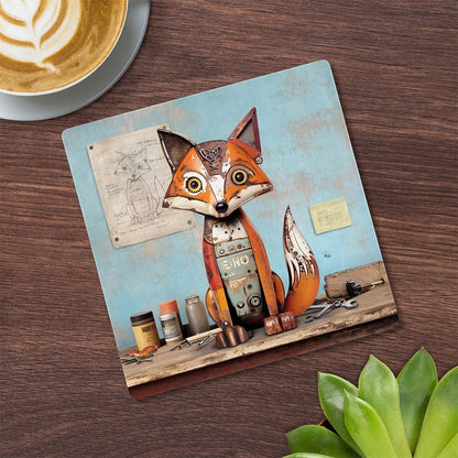 Cartco Bug Art Scrap Fox ceramic coaster with patchwork fox illustration, cork backing, on a wooden table surface.