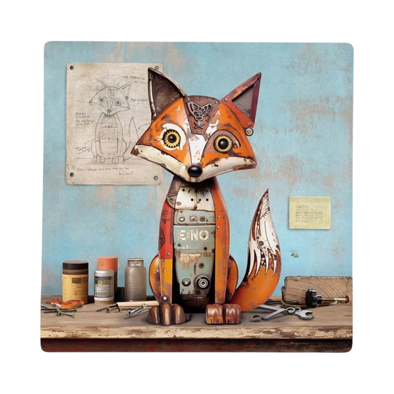 Cartco Bug Art Scrap Fox ceramic coaster with patchwork fox illustration, cork backing, on a wooden table surface.