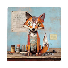 Cartco Bug Art Scrap Fox ceramic coaster with patchwork fox illustration, cork backing, on a wooden table surface.