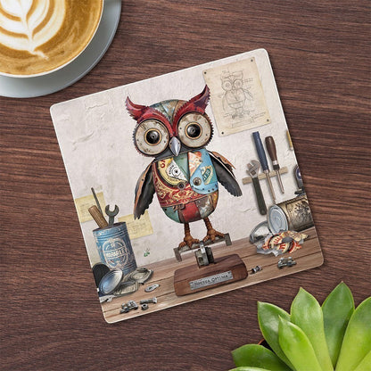 Cartco Bug Art Scrap Owl ceramic coaster featuring a mechanical owl illustration with cork backing on a wooden table.