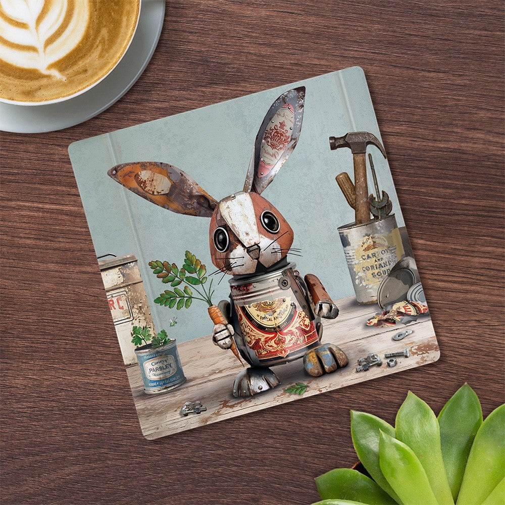 Cartco Bug Art Scrap Rabbit ceramic coaster with cork backing featuring a whimsical metal rabbit illustration.
