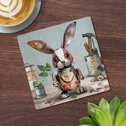 Cartco Bug Art Scrap Rabbit ceramic coaster with cork backing featuring a whimsical metal rabbit illustration.