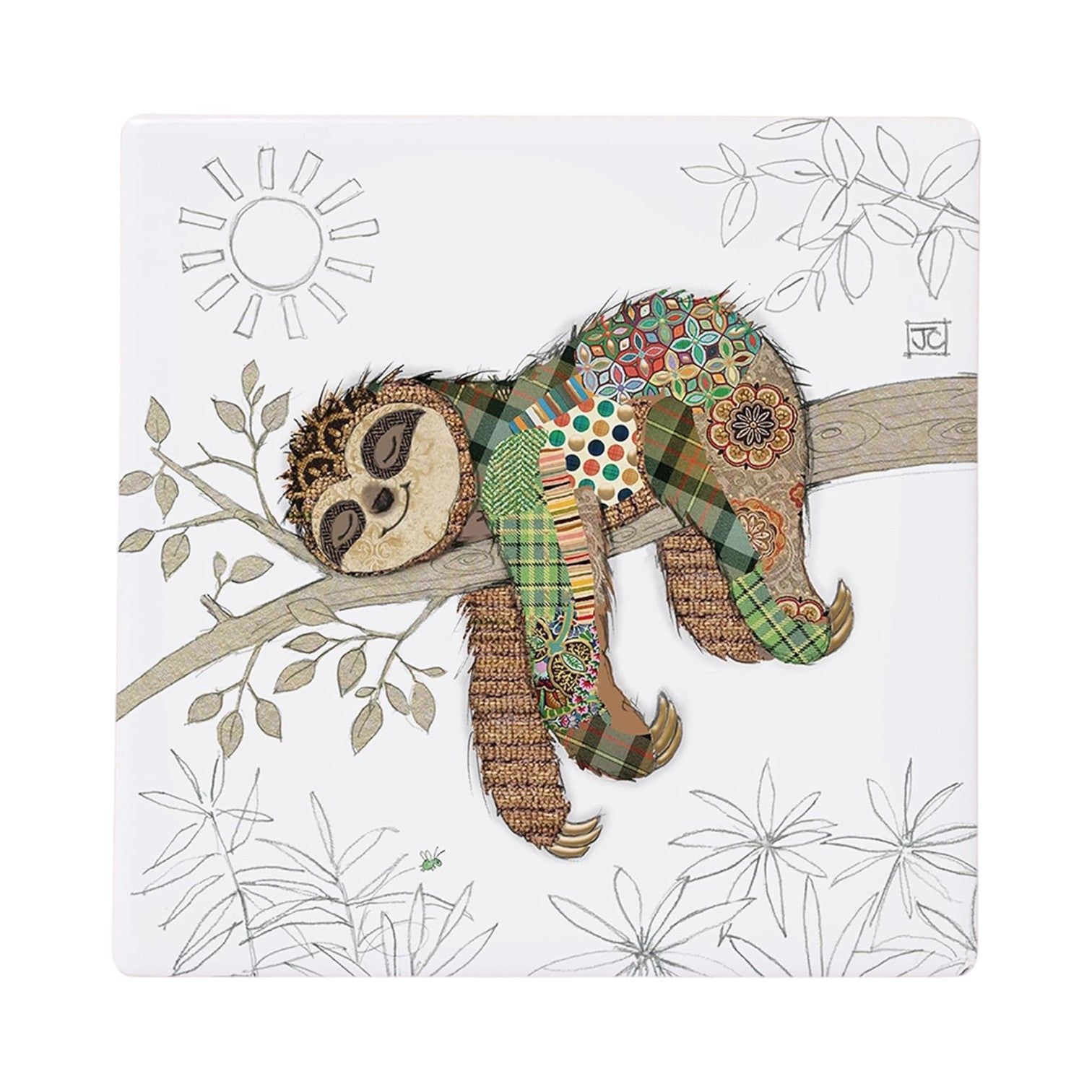 Cartco Bug Art Simon Sloth ceramic coaster featuring a colourful patterned sloth illustration on a white background.
